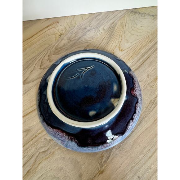VINTAGE Blue Purple Footed Plate Ceramic Art Pottery Hand Painted Decoration - Picture 4 of 5